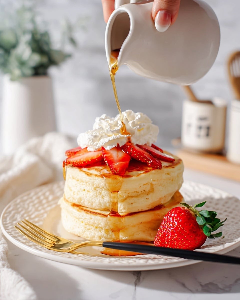 A stack of two thick, fluffy pancakes with a light golden color sits on a white plate with textured edges. On top of the pancakes, there are two sliced strawberries and a dollop of whipped cream. Syrup is being poured over the pancakes from a small white pitcher held by a woman's hand, with the syrup flowing down the sides. A whole strawberry rests beside the pancake stack on the plate. A gold and black fork lies next to the pancakes on the plate. The background shows a white marbled surface and blurred kitchen items in soft light. Photo taken with an iphone --ar 4:5 --v 7