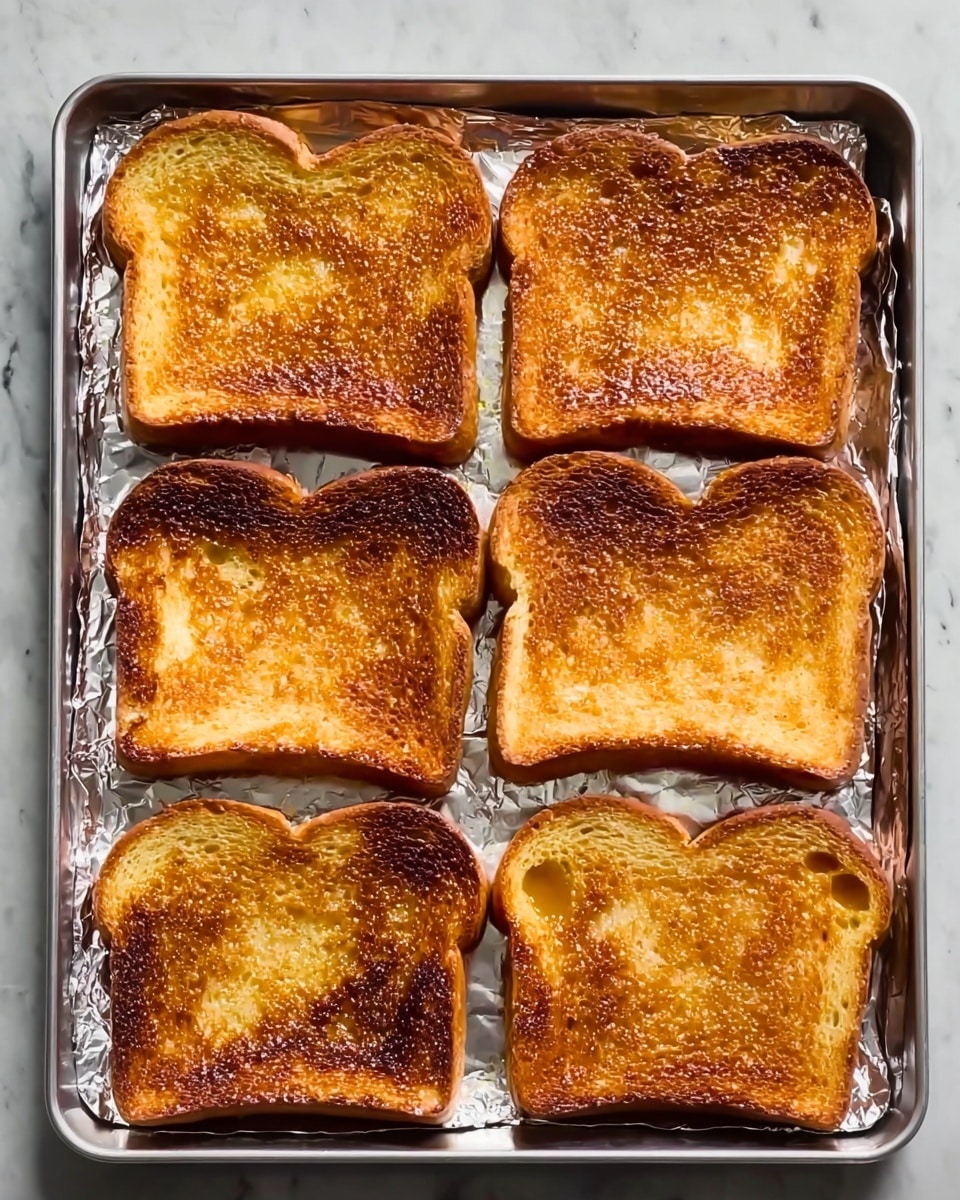 The image shows eight pieces of toasted bread arranged neatly in two rows on a baking tray covered with shiny aluminum foil. Each slice is golden brown with a crispy texture, slightly darker and caramelized on some edges, giving a rich toasted look. The tops of the slices have a glossy layer that could be melted butter, shining under the light. The baking tray sits on a white marbled surface. photo taken with an iphone --ar 4:5 --v 7