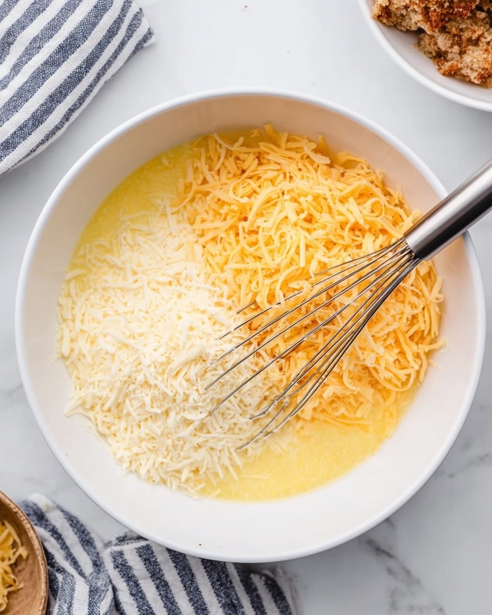 A white bowl sits on a white marbled surface, filled with three distinct layers: a light yellow liquid at the base, a pile of shredded pale orange cheese on the right side, and a heap of finely grated white cheese on the left side. A metal whisk is placed inside the bowl, partially submerged in the mixture. Around the bowl, parts of other dishes and a striped cloth are visible, but the focus is on the bowl and its layered ingredients photo taken with an iphone --ar 4:5 --v 7