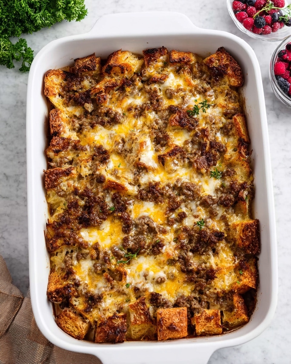 A white rectangular dish filled with a baked casserole showing about two main layers; the bottom layer is made of thick, golden toasted bread pieces arranged tightly, and the top layer is a mix of browned meat with melted yellow cheese and bits of cooked onion, creating a textured, slightly crispy surface with browned spots. The dish sits on a white marbled table with a small bunch of parsley on the top left and a small bowl of mixed berries at the top right corner. photo taken with an iphone --ar 4:5 --v 7
