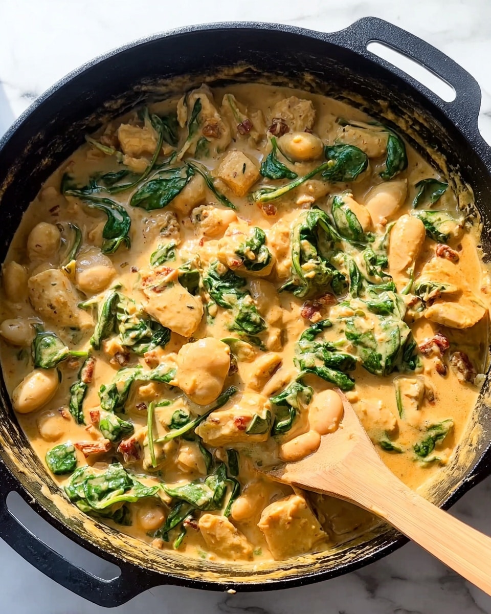 This image shows a black cast iron pan filled with a creamy stew. The stew has a thick orange-beige sauce covering large pieces of white textured chunks and white beans. Bright green spinach leaves are mixed through the stew, adding contrast. Some small browned pieces are scattered in the mixture. A wooden spoon with a flat end stirs the stew from the lower right corner. The pan sits on a white marbled surface. photo taken with an iphone --ar 4:5 --v 7