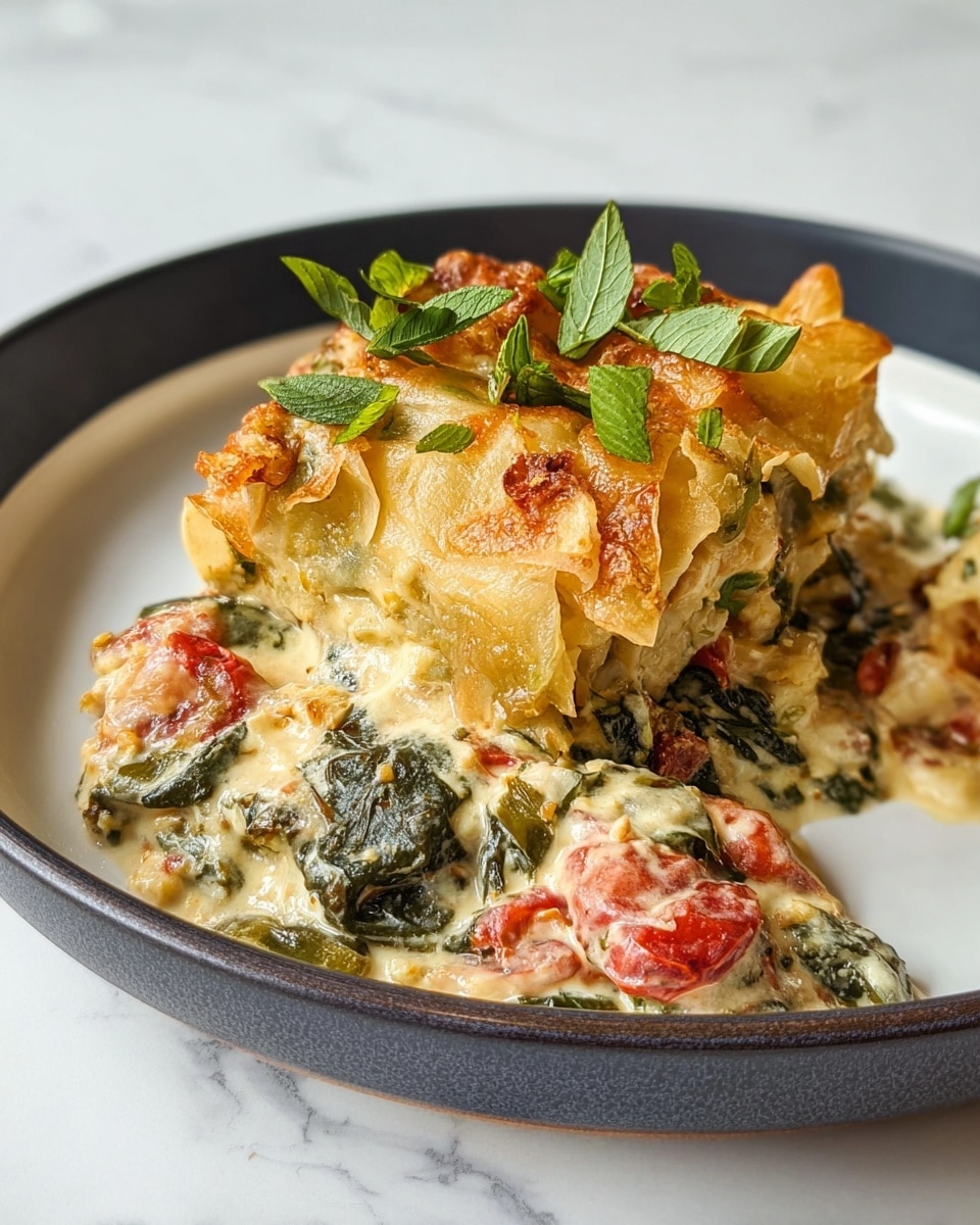 A close view of a creamy dish served on a white plate with dark edges, with two main layers visible: the bottom layer is a smooth mix of cream sauce with red tomato pieces and dark green leafy vegetables, with a soft, chunky texture that looks warm and saucy; the top layer shows several golden, crispy folded sheets with a slightly wrinkled surface and some green herb leaves scattered on them and around the dish. The background is a white marbled texture. photo taken with an iphone --ar 4:5 --v 7