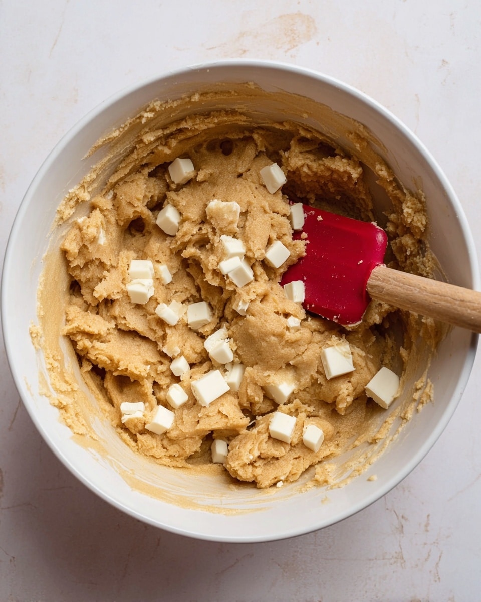A white bowl filled with light brown cookie dough that has a thick, soft texture with small white square pieces mixed in and scattered on top. A red spatula with a wooden handle is partially buried in the dough, resting near the center of the bowl. The bowl is set on a white marbled surface. photo taken with an iphone --ar 4:5 --v 7