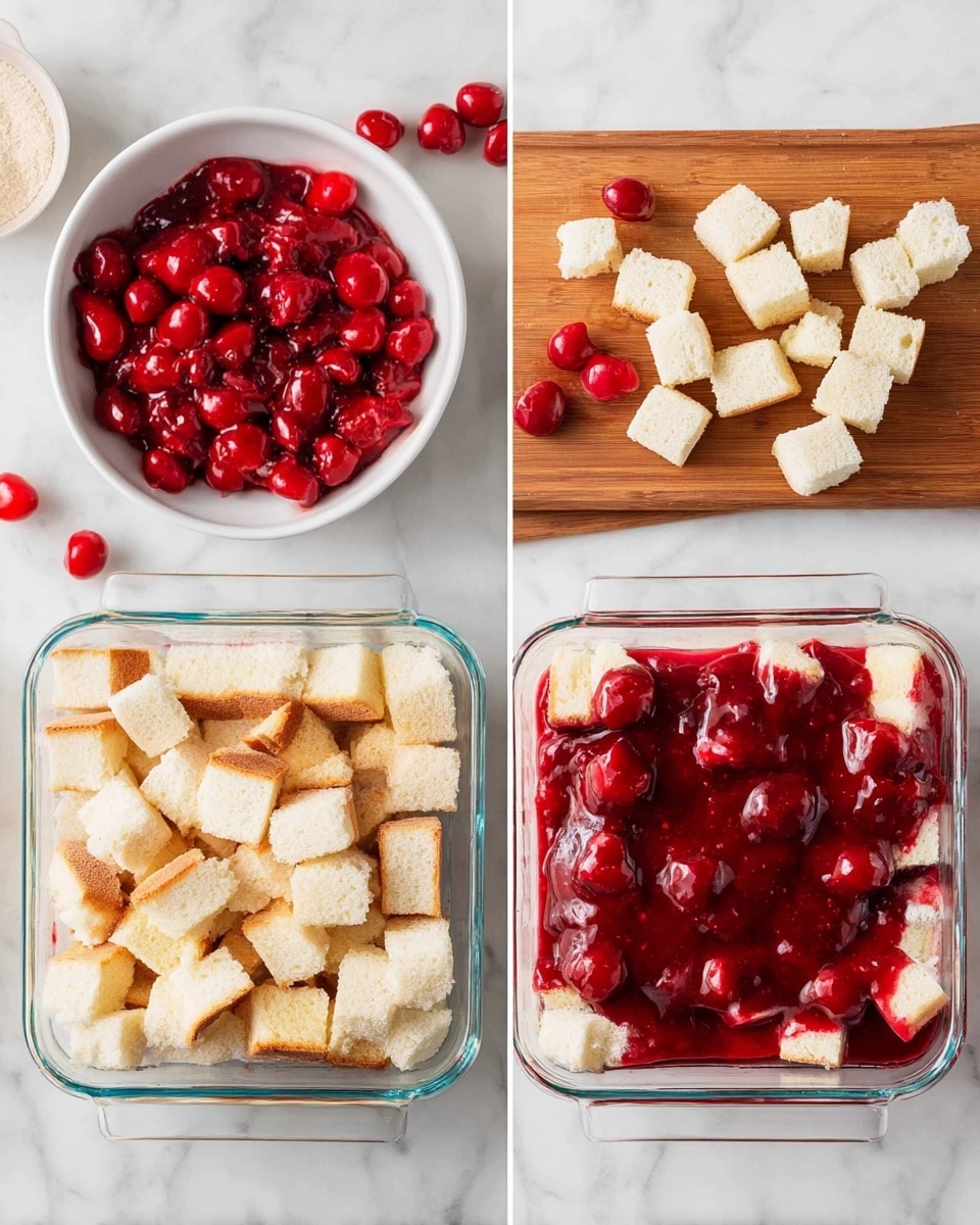 Two photos side by side show the process of making a layered dessert on a white marbled surface. On the left, a clear square glass dish contains one layer of white cake cubes with light golden brown edges, arranged to cover the bottom. Above it on the left is a white bowl filled with bright red cherry topping with whole cherries and shiny syrup, and a wooden board holding more white cake cubes. On the right, the same clear glass dish shows the cake cubes topped with a thick, glossy red cherry layer spread unevenly, some cherries piled in red syrup covering the top. The surrounding items remain the same with the bowl of cherries and cake cubes on the white marbled surface. Photo taken with an iphone --ar 4:5 --v 7