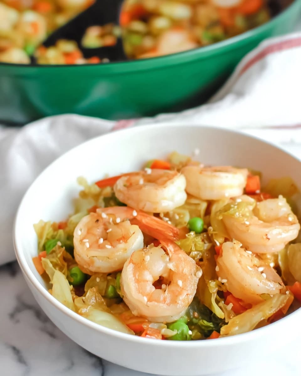 In a white bowl, there are several curled shrimp on the top layer, showing their light pink and white colors with a slight shine. Underneath, there is a mix of cooked vegetables including light green cabbage pieces, orange carrot bits, and small green peas, all with a soft, slightly glossy texture. The shrimp and vegetables are sprinkled with small white sesame seeds. In the background, a green pan filled with more of the same dish is partly visible, all set against a white marbled surface. photo taken with an iphone --ar 4:5 --v 7