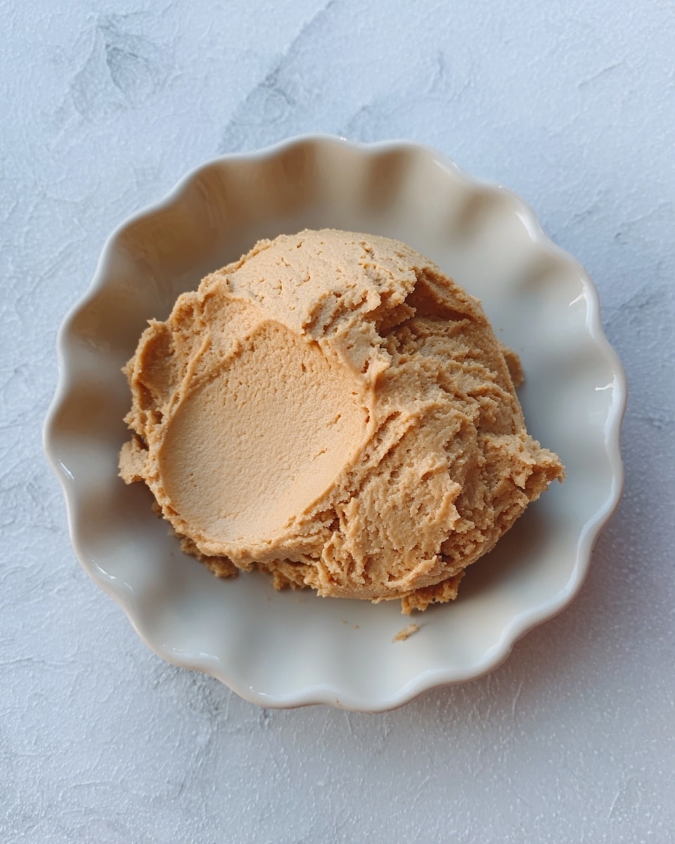 A large scoop of light brown, creamy peanut butter with a smooth and slightly uneven texture sits on a white plate with a scalloped edge. The surface under the plate has a white marbled texture. photo taken with an iphone --ar 4:5 --v 7