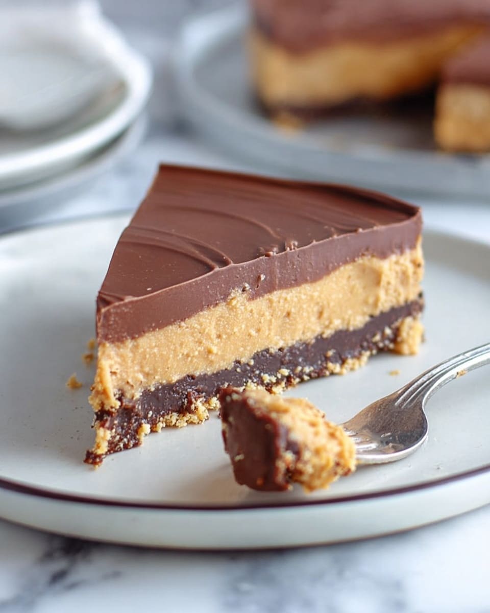 A triangular dessert slice sits on a white plate with a thin dark rim, showing three clear layers: a smooth dark brown chocolate top layer with gentle wave-like textures, a thick middle layer of light golden crumbly peanut filling, and a thin dark brown chocolate base layer. Next to the slice, a fork holds a small chunk of the dessert, clearly showing the layers and crumbly texture against a white marbled surface in the background. Photo taken with an iphone --ar 4:5 --v 7
