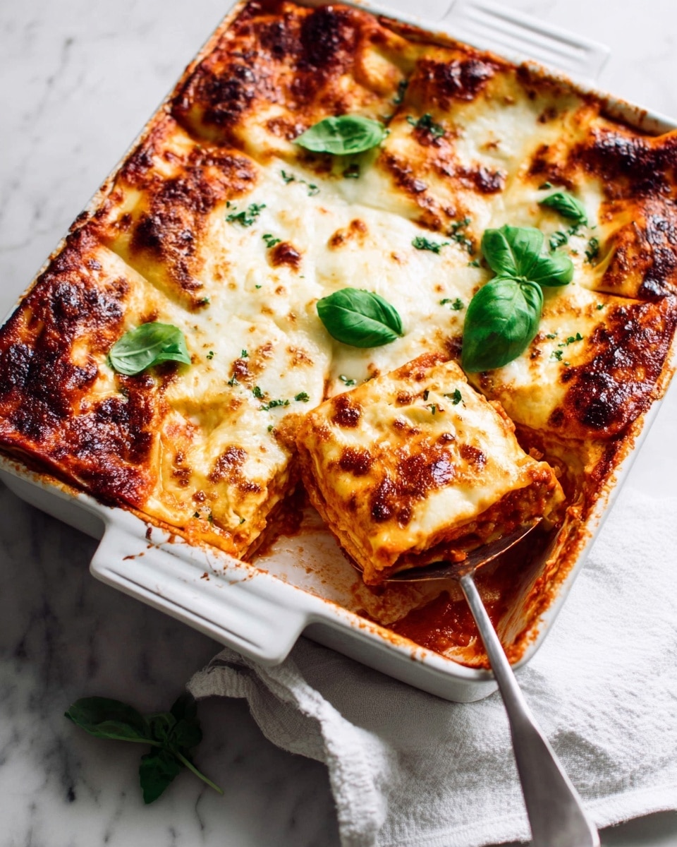 A white baking dish filled with a baked lasagna showing four main layers: a bottom layer of red tomato sauce, a middle layer of pasta sheets, a thick white creamy cheese layer with browned spots on top from baking, and a few fresh green basil leaves placed on the surface. A metal spoon in the corner lifts one square piece, revealing the same color layers inside, all resting on a white marbled surface with a white cloth nearby. photo taken with an iphone --ar 4:5 --v 7