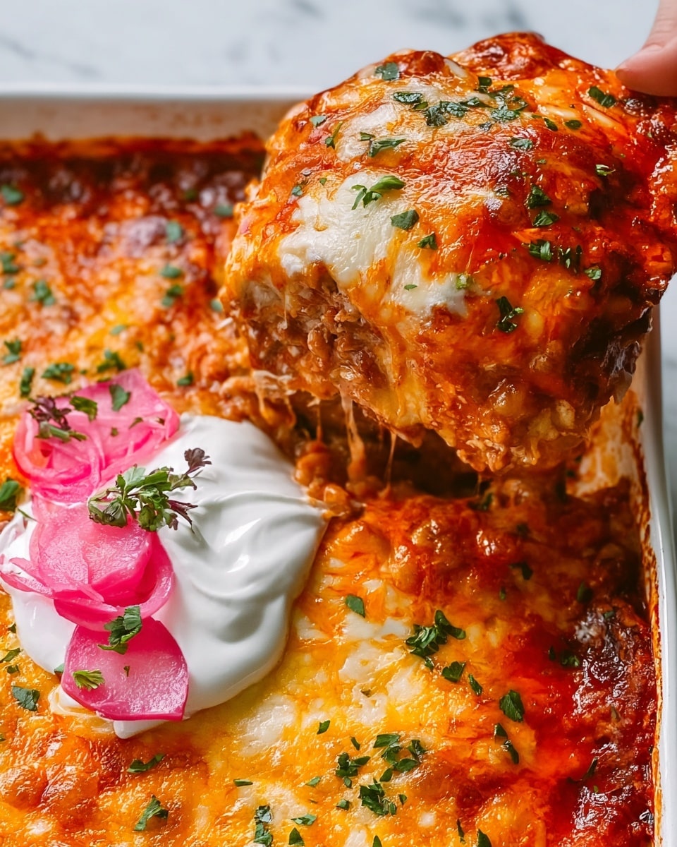 The image shows a close-up of a baked dish with three clear layers. The top layer is melted golden-orange cheese, slightly browned and bubbly, sprinkled with chopped green herbs. Underneath is a layer of rich red sauce peeking through in some areas. The bottom layer contains a light crumbly or shredded filling, likely meat or vegetables. On the side, there is a white dollop of sour cream with a few thin pink pickled onion rings on top, garnished with small green herbs. A woman’s hand is lifting a portion of the dish, showing the cheese stretching slightly and the filling inside. The dish is in a white baking pan on a white marbled surface. photo taken with an iphone --ar 4:5 --v 7