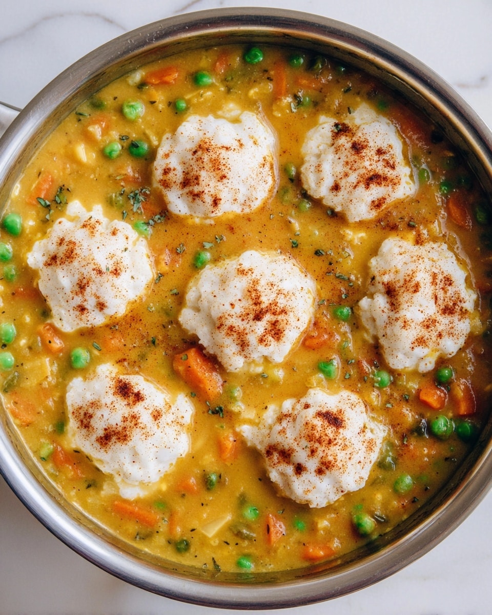 A close-up top view of a round metal pot filled with a thick yellowish-orange soup that has visible green peas, small orange carrot pieces, and bits of herbs. On top of the soup, there are seven large dollops of white soft texture, sprinkled with a reddish-brown spice, spread evenly around the pot's surface. The pot sits on a white marbled texture surface. Photo taken with an iphone --ar 4:5 --v 7