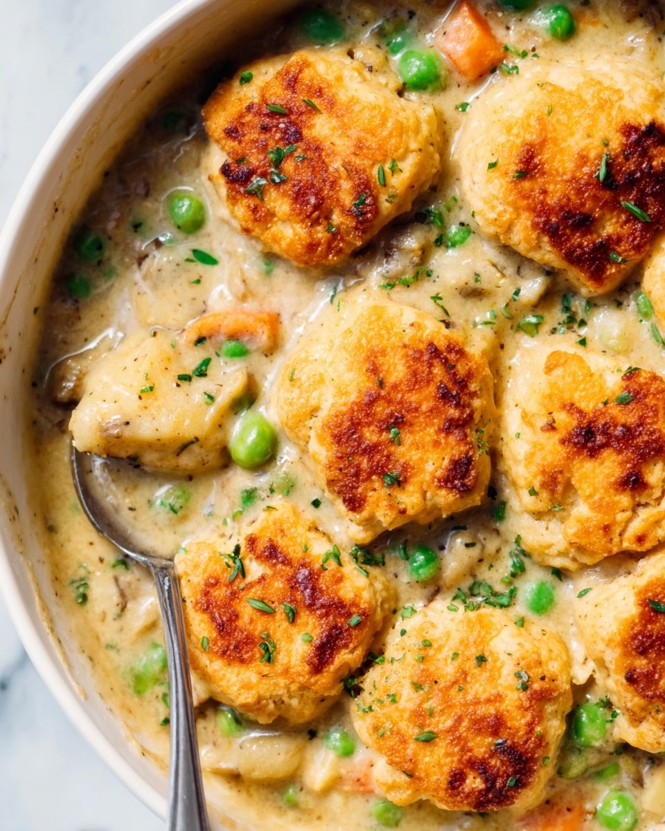 A white bowl filled with a creamy stew containing green peas and small carrots, topped with eight golden brown, crispy biscuit-like pieces arranged evenly, each showing a textured, slightly rough surface. The stew beneath is thick and light beige with visible herbs sprinkled over the top and around the biscuits. A spoon rests inside the bowl on the left side, partially submerged in the stew, with its shiny metal surface catching light. The bowl is placed on a white marbled surface. photo taken with an iphone --ar 4:5 --v 7