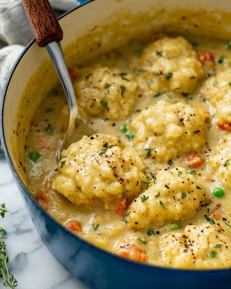 A close-up of a blue pot filled with thick, creamy stew with soft, golden biscuit-like dumplings floating on top. The stew shows small pieces of orange carrot and green peas mixed within the sauce. The dumplings are sprinkled with black pepper and small green herbs, giving them a seasoned look. A silver spoon with a wooden handle is placed inside the pot, slightly lifting one dumpling. The pot is set on a white marbled surface, and some blurred herbs are in the background. photo taken with an iphone --ar 4:5 --v 7