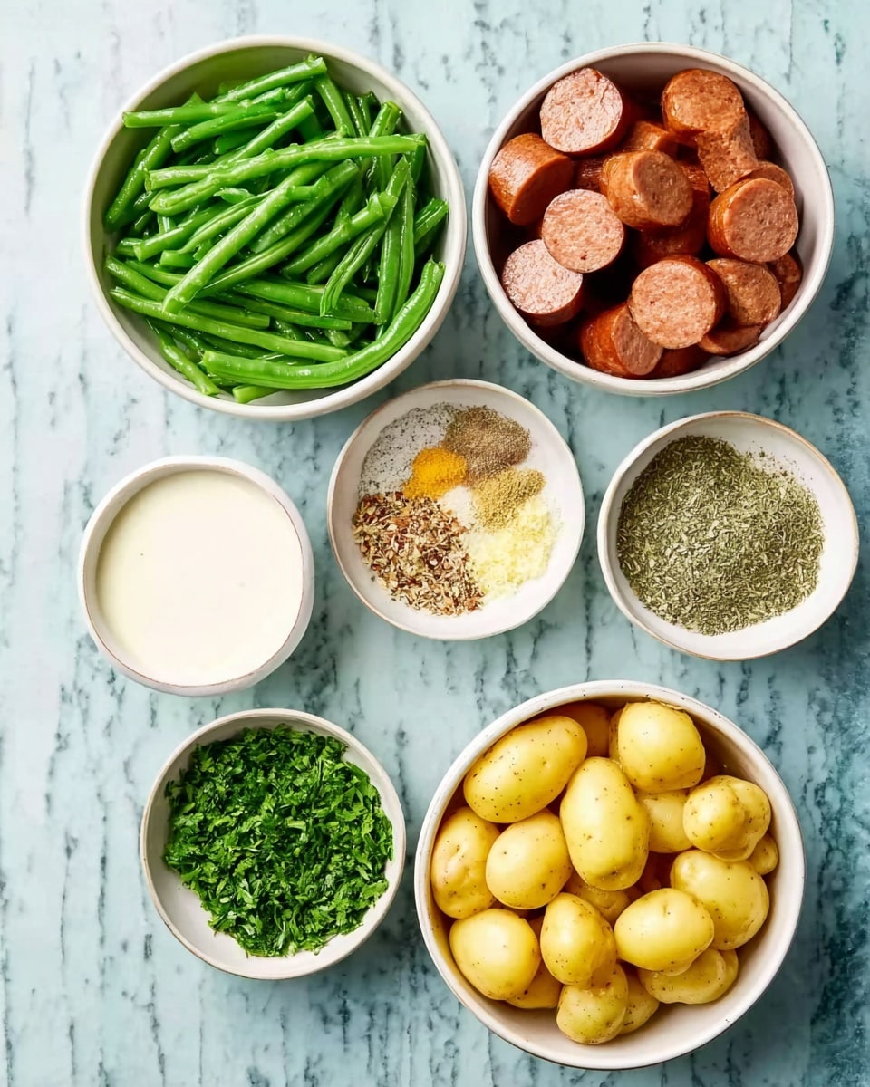 The image shows six white bowls placed on a white marbled surface. The largest bowl at the bottom right is filled with small yellow potatoes cut in half, showing their smooth texture. Above it to the left is a bowl with round slices of brown sausage, looking firm and moist. At the top left is a bowl full of bright green cut green beans, showing a fresh and crisp texture. To the right of the green beans is a bowl containing a mix of dried herbs and seasoning, with a rough and grainy look in shades of brown and beige. Below the herb bowl is a bowl of finely chopped fresh green parsley, bright and leafy. At the bottom left is a small bowl of white creamy sauce with a smooth and thick texture. Photo taken with an iphone --ar 4:5 --v 7