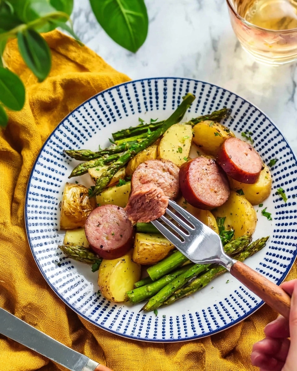 The image shows a white plate with a blue dotted edge, filled with three layers of food. The bottom layer consists of golden roasted potato wedges with a slightly crispy texture. On top of the potatoes, there are bright green cut asparagus pieces scattered. The top layer is several thick slices of browned sausage, each slice showing a smooth pinkish interior and a textured outer edge. A fork with a wooden handle is piercing one sausage slice, and a woman's hand holds the fork from the right side of the image. The plate sits on a white marbled surface with a mustard yellow cloth and green leaves blurred in the background, along with a glass of a light-colored drink. Photo taken with an iphone --ar 4:5 --v 7