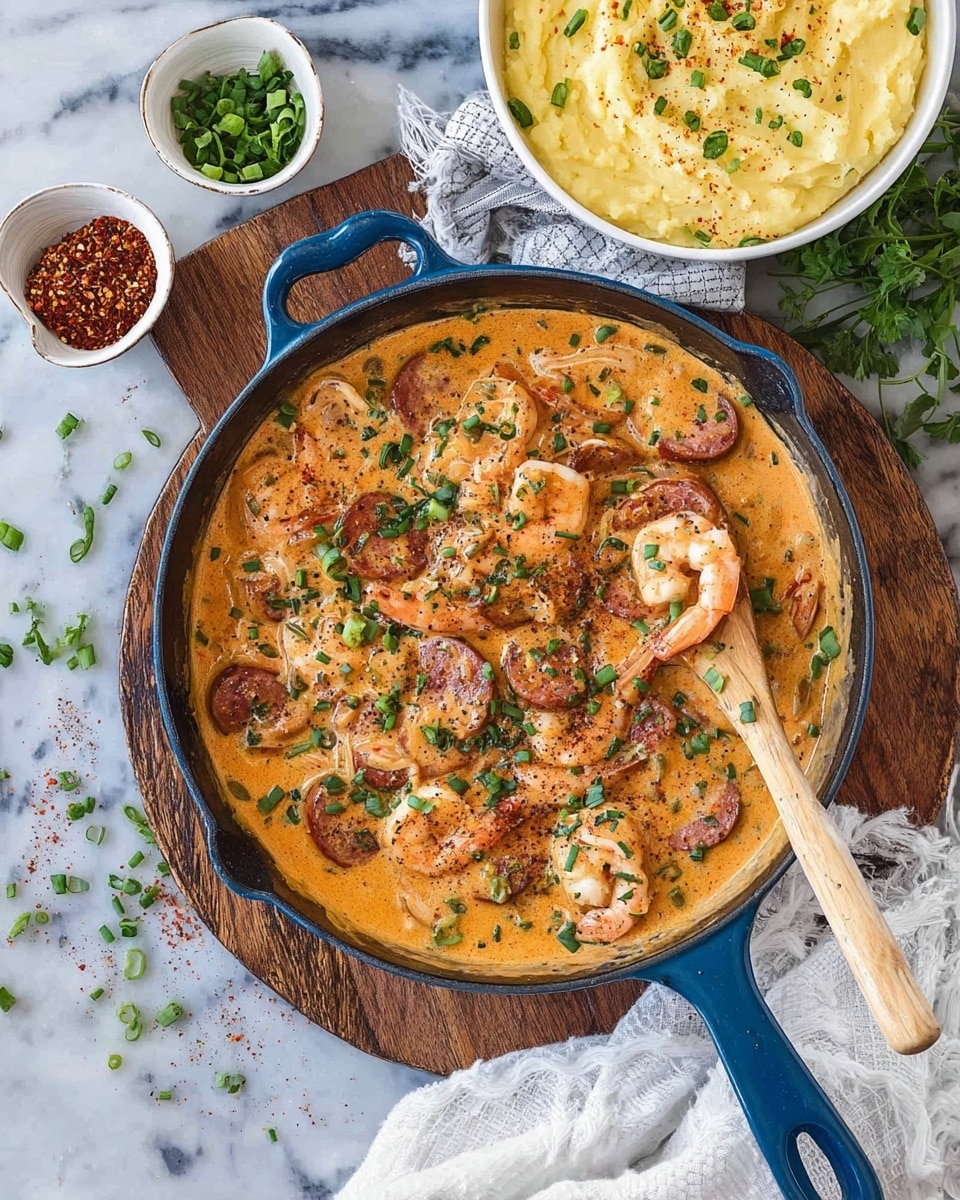 A blue skillet filled with a creamy orange sauce layered with shrimp and slices of sausage, garnished with chopped green herbs and green onions on top. A wooden spoon with shrimp rests on the sauce at the right side of the skillet. The skillet sits on a wooden board over a white marbled surface. Nearby, a white bowl holds mashed yellow food sprinkled with black pepper. A small white bowl with red seasoning and green herb leaves are placed around the skillet, along with a white cloth. Photo taken with an iphone --ar 4:5 --v 7