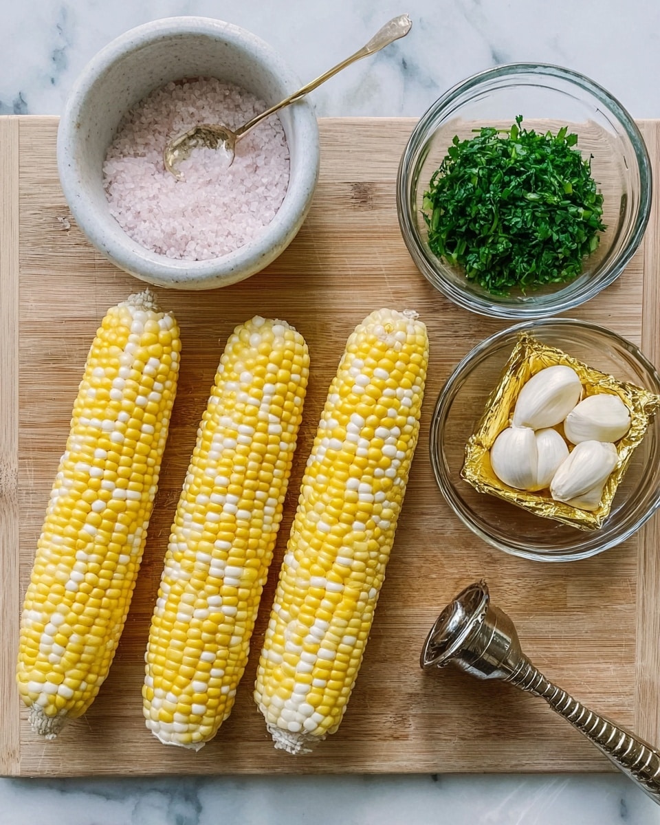 The image shows four yellow and white corn on the cobs arranged horizontally on a light wooden board. To the right of the corn, there is a small white butter block wrapped in gold foil, a glass bowl with three white garlic cloves, and another glass bowl filled with chopped green herbs. Above these bowls, there is a white mortar filled with pink salt and a golden spoon inside it. A shiny metal garlic press is lying below the bowls on the wooden surface. The background is a white marbled texture. Photo taken with an iphone --ar 4:5 --v 7