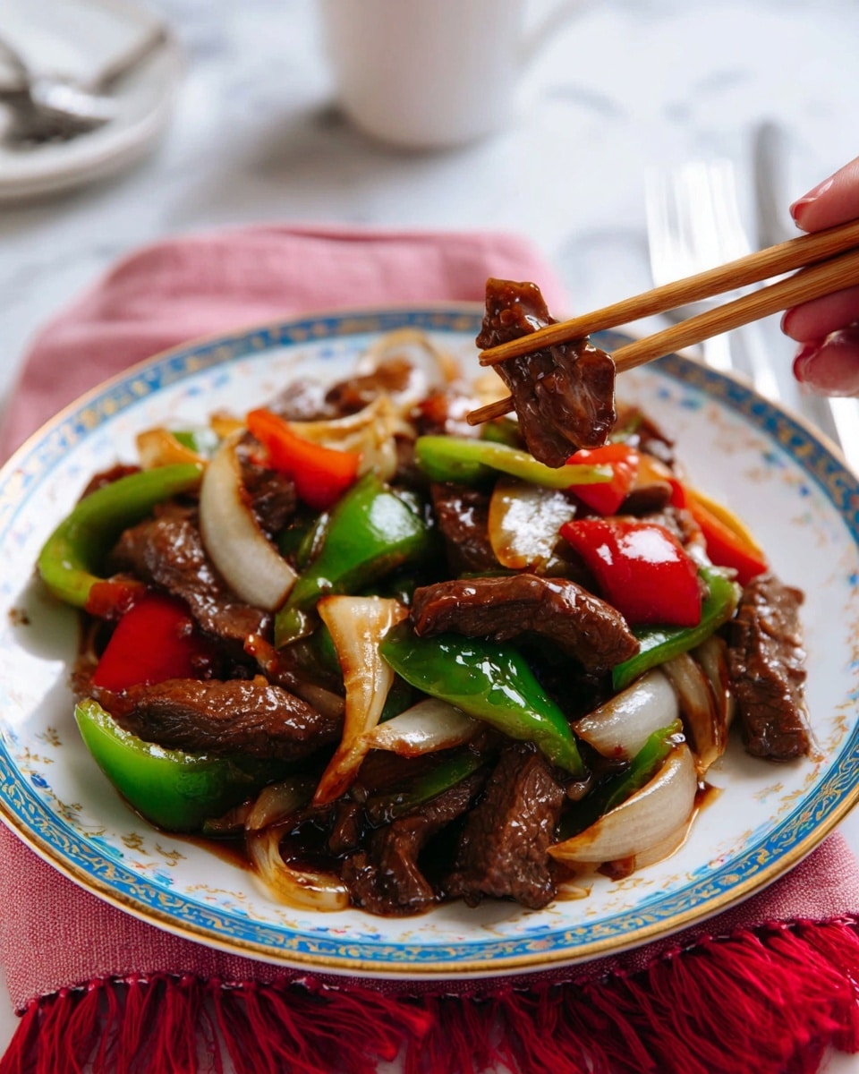 A white plate with a blue and gold patterned rim holds a stir-fry dish made of several layers: at the bottom are glossy brown pieces of cooked beef, mixed with tender white onion slices scattered throughout, bright green bell pepper chunks, and a few red bell pepper pieces, all coated in a shiny dark sauce. A woman's hand is holding light wooden chopsticks picking up a mix of beef, onion, and a small red pepper piece from the plate. The plate rests on a pink cloth with red fringe on a white marbled surface, with a blurred white cup and silver fork in the background. Photo taken with an iphone --ar 4:5 --v 7