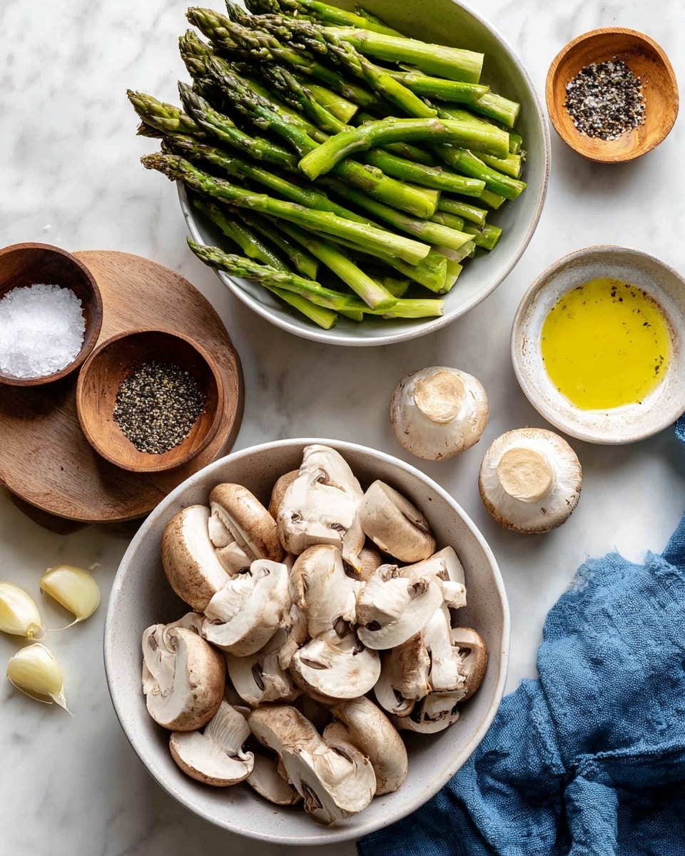 The image shows several ingredients arranged on a white marbled surface. There are two white bowls, one filled with sliced green asparagus spears and the other with sliced button mushrooms showing their light beige caps and off-white stems. Nearby, there are two small wooden bowls, one holding coarse white salt and the other filled with mixed black and white pepper. Also present is a small white bowl with some olive oil that has a golden-yellow color. Two peeled garlic cloves rest on the surface near the salt and pepper bowls. A blue cloth is placed at the bottom right corner of the image. Photo taken with an iphone --ar 4:5 --v 7