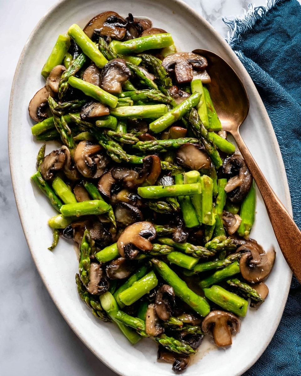 The dish shows a white oval plate filled with two layers of cooked vegetables: the bottom layer made up of dark brown sliced mushrooms with a soft texture, and the top layer consisting of bright green asparagus pieces cut into short segments with a slightly shiny surface. A bronze spoon rests on the right side of the plate, partly under the vegetables. The plate is placed on a white marbled surface with a blue cloth visible in the lower right corner. The overall look is fresh and simple, with a natural mix of green and brown colors from the vegetables. photo taken with an iphone --ar 4:5 --v 7