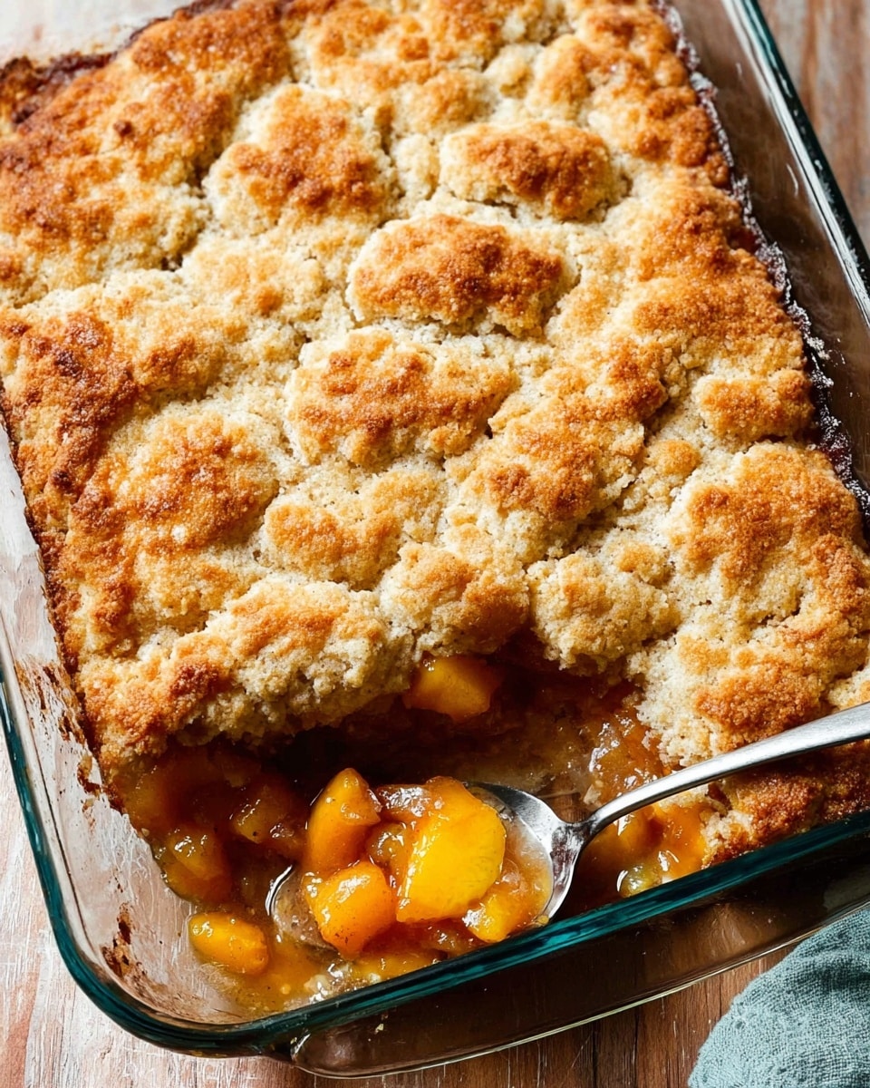 A clear glass baking dish filled with a baked peach cobbler. The top layer is a golden brown, thick, crumbly biscuit crust with a slightly rough texture and some darker browned spots. Below the crust, in the lower right corner, soft peach chunks in a syrupy glaze with a warm amber color can be seen, partially scooped out with a silver spoon. The baking dish is placed on a wooden surface, with a white marbled texture replacing the natural background. Photo taken with an iphone --ar 4:5 --v 7