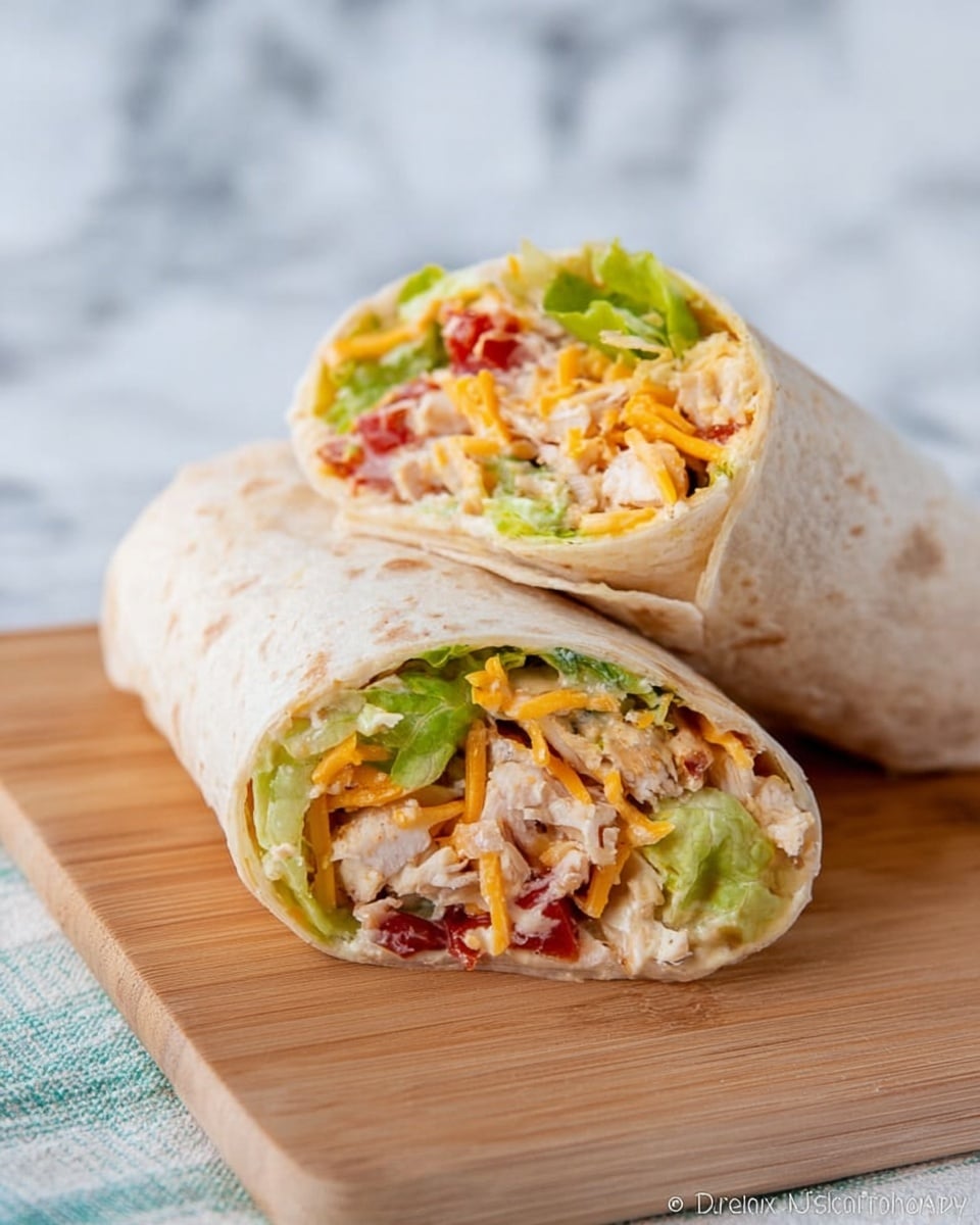 The image shows two halves of a wrap placed on a light wooden board with a white marbled surface in the background. Each wrap half is layered with a soft beige tortilla on the outside, filled with a mix of bright green lettuce pieces, small red tomato chunks, shredded orange cheese, and light brown cooked chicken pieces. These ingredients create a colorful, textured interior that contrasts with the smooth tortilla. The wraps are positioned so the cut sides face the camera, showing the layers clearly. photo taken with an iphone --ar 4:5 --v 7