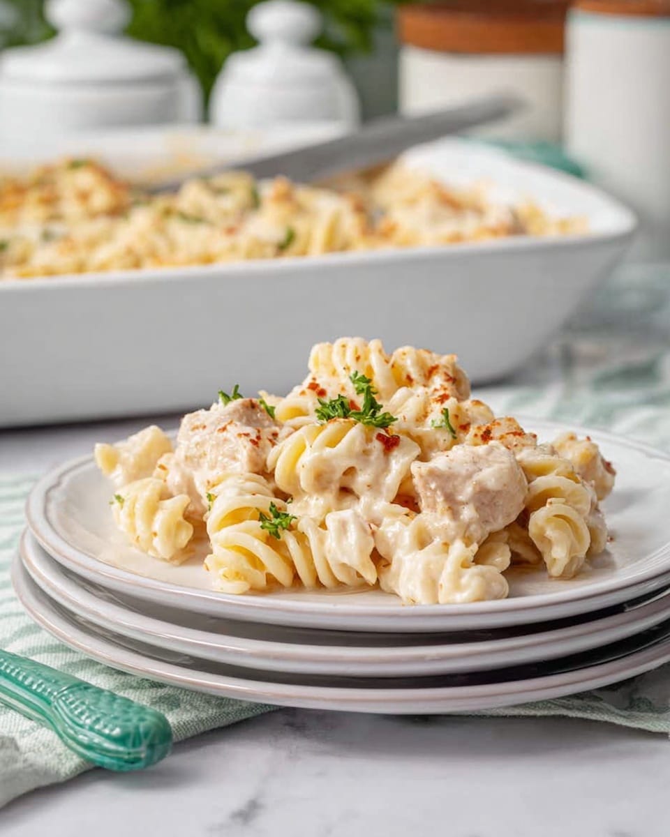 A white plate holds a serving of creamy pasta made of short, spiral-shaped noodles covered in a thick white sauce with small red pepper flakes. Pieces of light brown cooked chicken sit mixed within the pasta, and small green parsley leaves are sprinkled on top for color. The plate is stacked on three other clean white plates, set on a white marbled surface. Behind, a white ceramic baking dish filled with more of the same pasta is partially visible, along with blurred white kitchen items in the background. A green and white striped cloth lies nearby and a knife with a green handle rests on the surface. Photo taken with an iphone --ar 4:5 --v 7