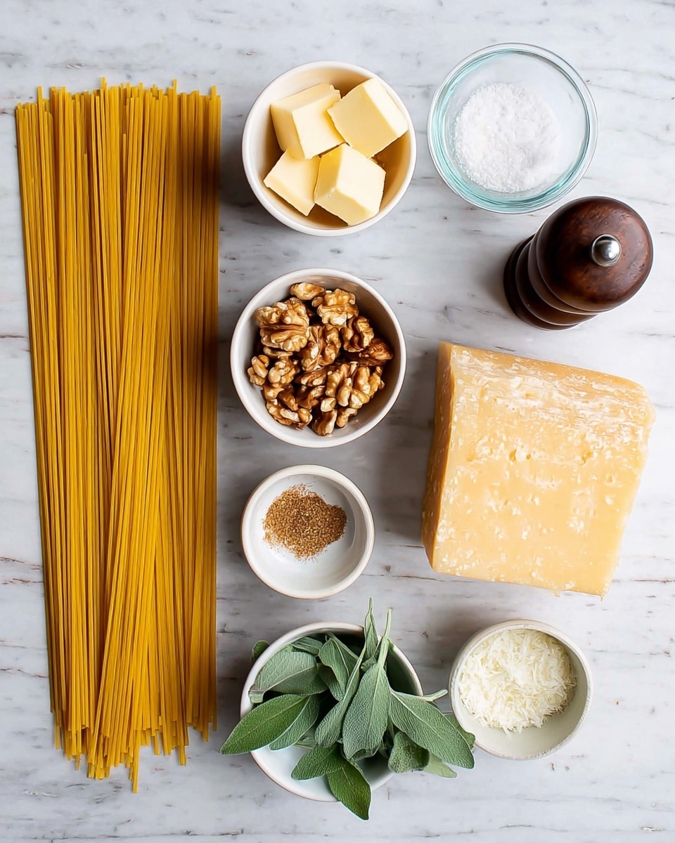 The image shows raw ingredients neatly arranged on a surface with white marbled texture. From left to right, there is a small white bowl with pale yellow butter squares, a white bowl filled with walnut halves, and a small glass container with white salt crystals. Next to these, there is a dark brown wooden pepper grinder and a large block of pale yellow cheese with a rough texture on top. Below these, there is a small white plate with some brownish ground spices and another small white bowl containing fresh green sage leaves. At the bottom left, a bundle of uncooked yellow spaghetti is laid horizontally. The photo taken with an iphone --ar 4:5 --v 7