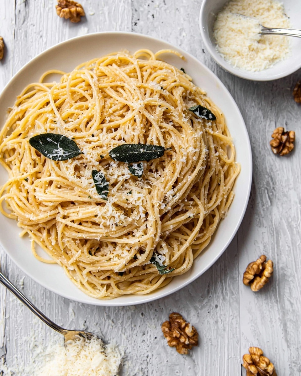 A plate filled with one layer of cooked spaghetti noodles, light beige in color, mixed with small dark green sage leaves scattered on top. The noodles have a slight shine and are sprinkled with fine white grated cheese all over. The plate is white and placed on a white marbled surface that mimics a wooden texture. Nearby, there is a small white bowl filled with a single layer of finely grated white cheese with a silver spoon resting inside. Pieces of walnut shells are placed around the plate on the surface. Photo taken with an iphone --ar 4:5 --v 7