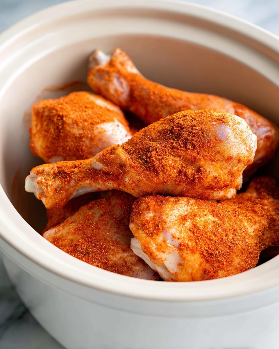 A white slow cooker holds several raw chicken drumsticks stacked on top of each other, each covered with a bright orange-red layer of dry spice rub, showing a rough and grainy texture. The white marbled surface surrounds the slow cooker, adding a clean and simple background. The chicken pieces are arranged so that larger drumsticks are at the bottom with smaller ones resting above, all evenly coated with the spice, making the color bold and striking. Photo taken with an iphone --ar 4:5 --v 7