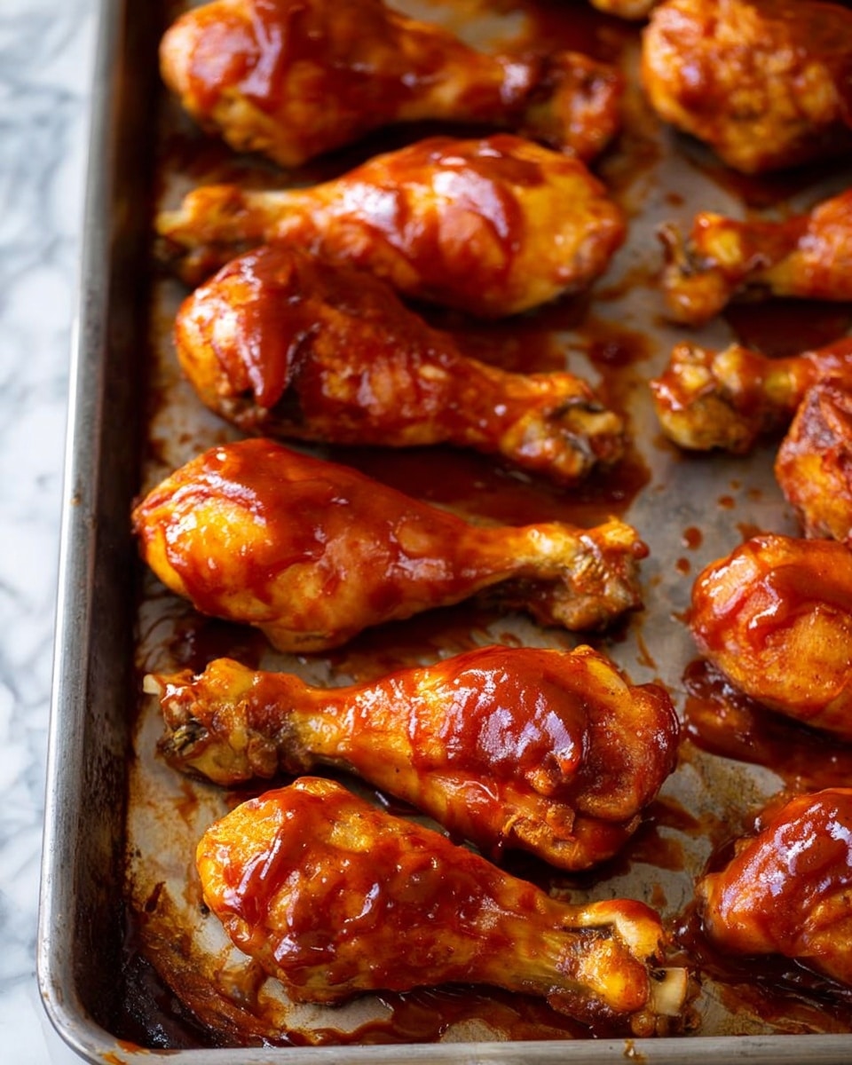 The image shows a metal baking tray filled with cooked chicken drumsticks, each coated in a shiny, reddish-brown barbecue sauce. The drumsticks are arranged in rows, with the sauce evenly spread over the top and sides, giving a glossy texture. The baking tray has some sauce drips and small bits of cooked chicken skin around the edges. The background is a white marbled texture. photo taken with an iphone --ar 4:5 --v 7