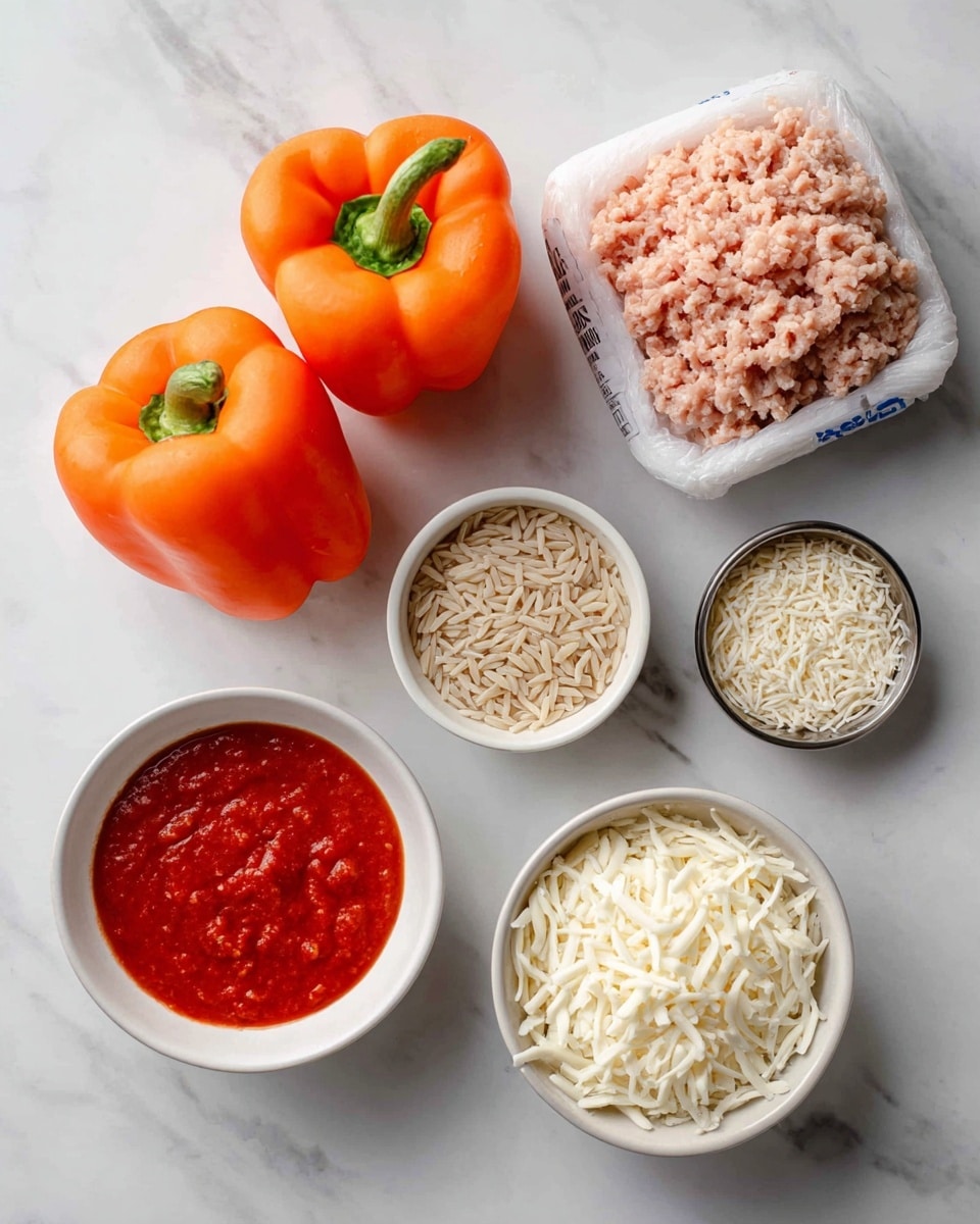 The image shows five key ingredients arranged on a white marbled surface: a white package of raw ground chicken with light pink strands in the top right corner, three whole orange bell peppers grouped together slightly left of center, a small white bowl filled with red tomato sauce placed below the peppers, a small metal bowl containing dry, off-white orzo grains near the top right, and a small white bowl filled with shredded white mozzarella cheese positioned near the bottom right. The items are spaced out neatly with clear labels for each ingredient. photo taken with an iphone --ar 4:5 --v 7