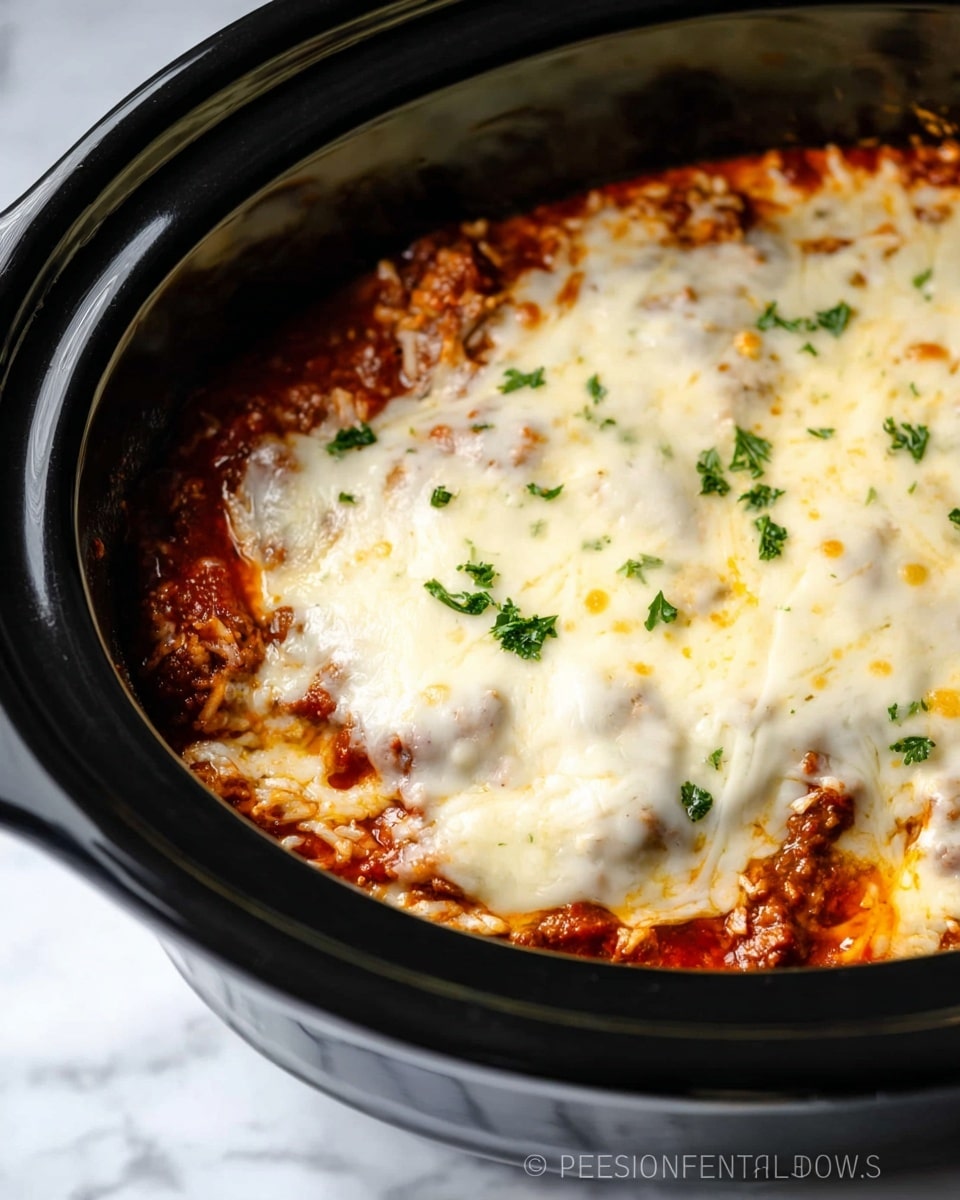 The image shows a close-up of a dish in a black slow cooker filled with a baked casserole. The casserole has a thick top layer of melted white cheese that is smooth with some browned spots and slight bubbling. Underneath, there are visible hints of a rich red tomato sauce mixed with browned meat, giving a textured and hearty look. The cheesy layer is sprinkled evenly with small bright green parsley pieces as garnish. The slow cooker sits on a white marbled surface. photo taken with an iphone --ar 4:5 --v 7