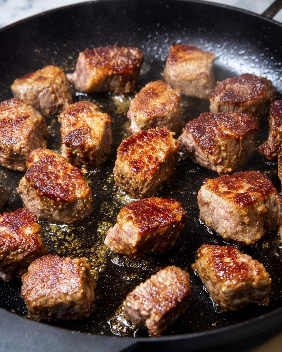 The image shows about eighteen pieces of small, browned meat chunks cooking in a round black pan. Each piece is seared with a textured, crispy brown crust on top and sides, while some edges reveal a slightly pinker inside. The pan has a shiny surface with small spots of oil around the meat, highlighting the sizzling effect. The background is a white marbled texture. photo taken with an iphone --ar 4:5 --v 7