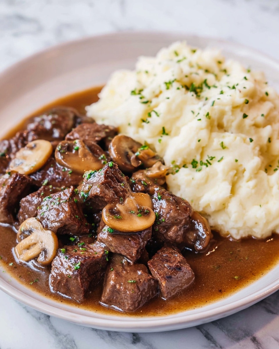 The dish shows a white plate with two main parts: on the left side are dark brown pieces of cooked beef mixed with light brown sliced mushrooms, all covered in a shiny, thick brown sauce with small green herbs sprinkled on top. The beef pieces look tender with some texture, while the mushrooms are soft and slightly glossy. On the right side, there is a generous serving of creamy white mashed potatoes with a few small green herb bits scattered on top, giving it a smooth and fluffy look. The plate rests on a white marbled surface, and the overall colors are warm and inviting. photo taken with an iphone --ar 4:5 --v 7