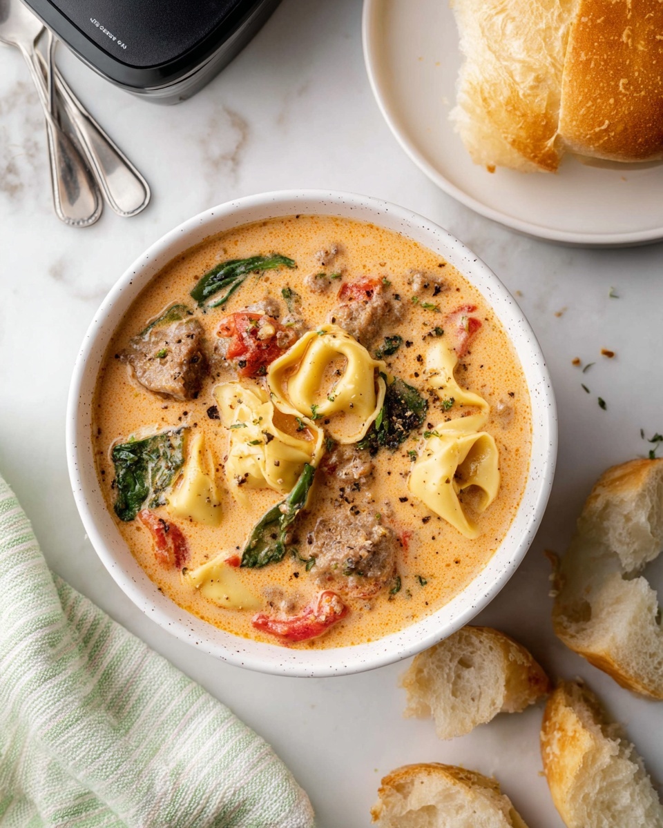 The image shows a bowl of creamy soup filled with several layers of ingredients, including yellow tortellini pasta, chunks of browned sausage, pieces of wilted green spinach, and bright red tomato bits, all mixed in a thick, light orange creamy broth speckled with black pepper and herbs. The bowl is white with small black speckles and sits on a white marbled surface. Around the bowl, there are pieces of torn crusty bread with a golden brown crust and soft white inside. In the background, a white plate holds a whole crusty bread roll, and to the side, two silver soup spoons rest on the marbled surface, along with a light green and white striped cloth. photo taken with an iphone --ar 4:5 --v 7