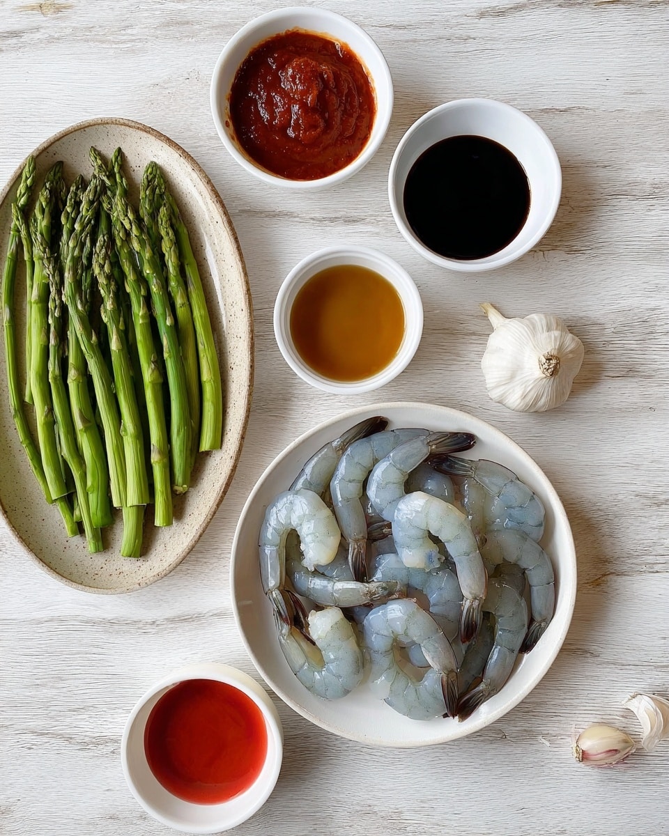 A top-down view of fresh raw shrimp in a white bowl on the right side, showing their pale blue and gray shells with tails on. To the left, a rustic oval plate holds a neat row of green asparagus with a shiny texture. Surrounding these main items, there are four small white bowls with different sauces: one with a thick reddish sauce at the top center, a dark soy-like sauce in the top right, a light brown liquid in the small bowl on the left, and a bright red sauce in a white bowl at the bottom right. Two garlic cloves lie near the shrimp bowl on the white marbled surface, which forms the background. photo taken with an iphone --ar 4:5 --v 7