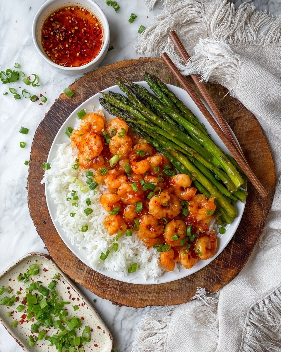 A white plate sits on a round wooden board over a white marbled surface, filled with three layers of food. The bottom layer is a bed of fluffy white rice. On top, orange shrimp coated in a shiny sauce cover most of the rice, sprinkled with small green chopped scallions. On one side, a neat bunch of bright green roasted asparagus spears lies parallel to the shrimp. Two wooden chopsticks rest beside the asparagus on the plate’s edge. Nearby, a small white bowl filled with a reddish dipping sauce topped with chili flakes sits on a rustic beige speckled platter with chopped scallions scattered around. A white cloth with fringes is placed next to the plate. photo taken with an iphone --ar 4:5 --v 7