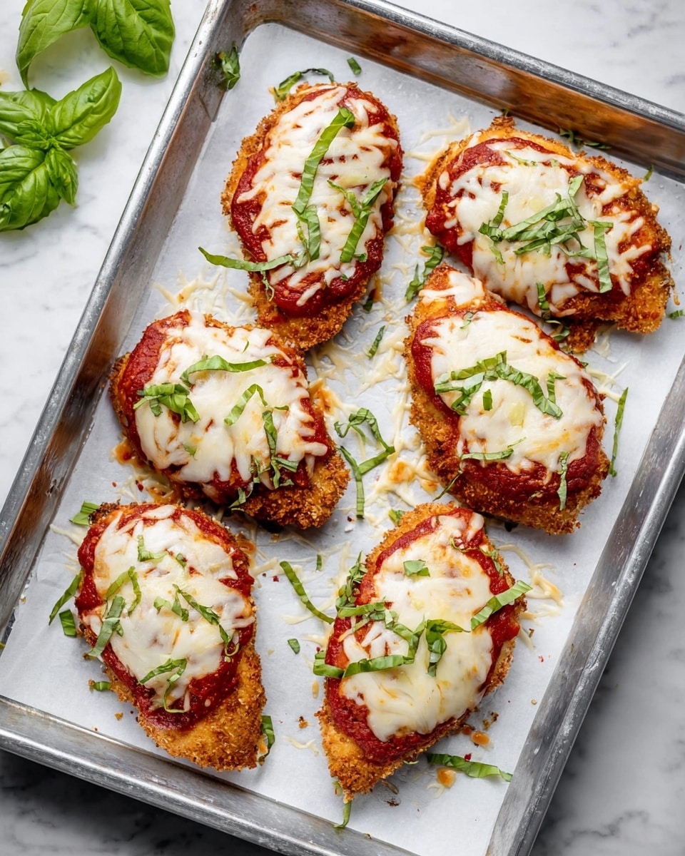 The image shows six chicken pieces on a silver baking tray lined with white paper. Each piece has three visible layers: the bottom golden-brown crispy chicken layer, a smooth red tomato sauce layer spread evenly over the chicken, and a thick melted white cheese layer on top. Small green basil leaves are sprinkled over the cheese, adding a touch of fresh color. The baking tray rests on a white marbled surface with some fresh green basil leaves scattered in the upper left corner. photo taken with an iphone --ar 4:5 --v 7