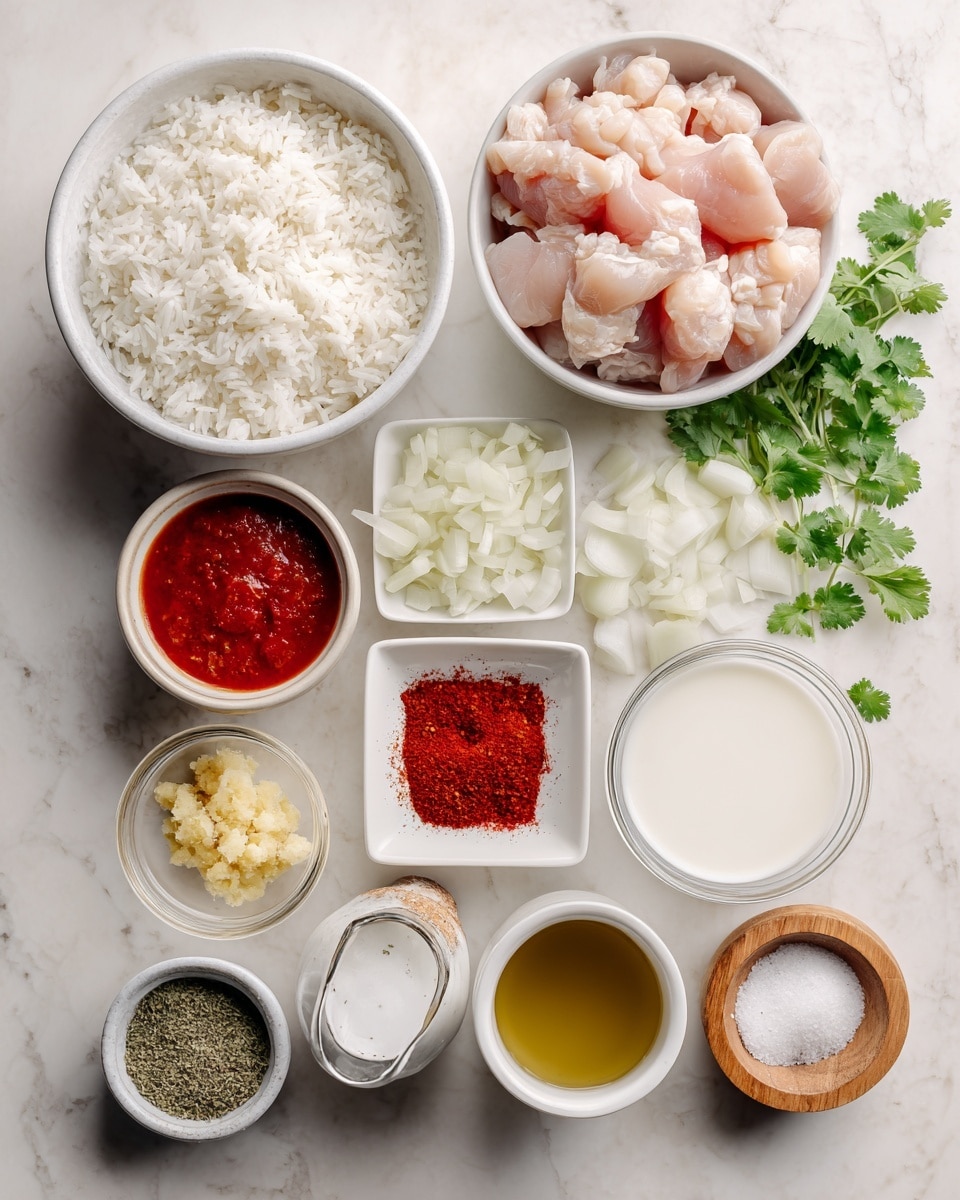 The image shows several white bowls and small white dishes arranged on a white marbled surface, each holding different cooking ingredients. In the top right, a white bowl is filled with raw light pink chicken pieces. Below it, a large white bowl holds white cooked rice with fluffy texture. Next to the rice, another white bowl contains chopped white onions with a slightly translucent look. To the right of the onions, a small white bowl has smooth, creamy white coconut milk. Small white square dishes hold bright red tomato paste and smoky red paprika powder, while another small dish contains dried oregano in muted green tones. A tiny glass container has pale yellow grated ginger, and a white cup contains golden vegetable broth. There is a small wooden bowl of coarse white salt with its lid placed beside it, and fresh bright green cilantro leaves are placed nearby, adding contrast. The composition is clean, simple, and organized, with all items clearly visible. Photo taken with an iphone --ar 4:5 --v 7