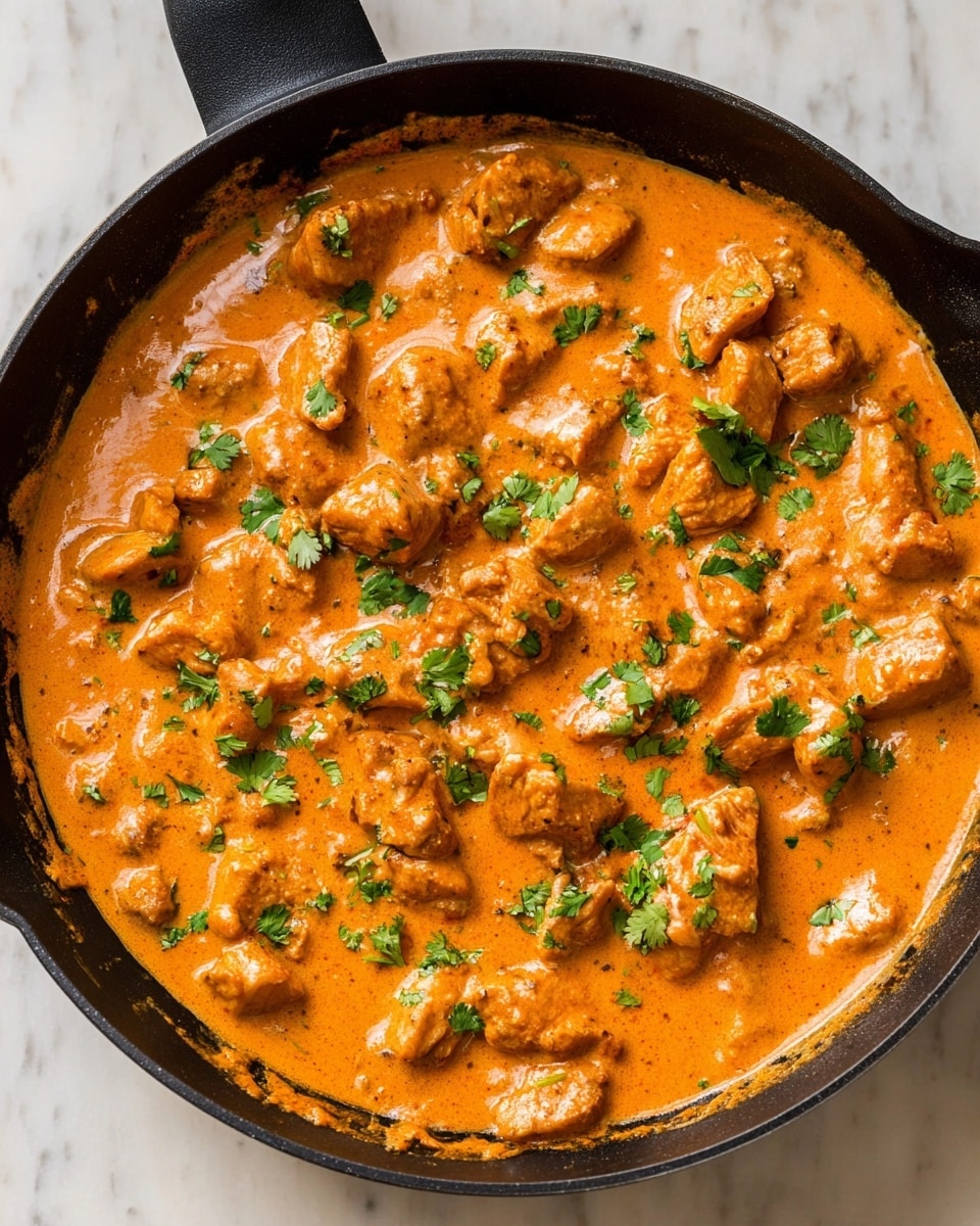 A black skillet filled with many pieces of cooked chicken in thick orange creamy sauce, scattered with bright green cilantro leaves on top. The sauce is smooth and covers the chicken evenly, creating a rich and warm look. The chicken pieces are browned slightly and mixed well within the sauce, with some sauce splashing on the skillet edges. The skillet is placed on a white marbled surface. photo taken with an iphone --ar 4:5 --v 7