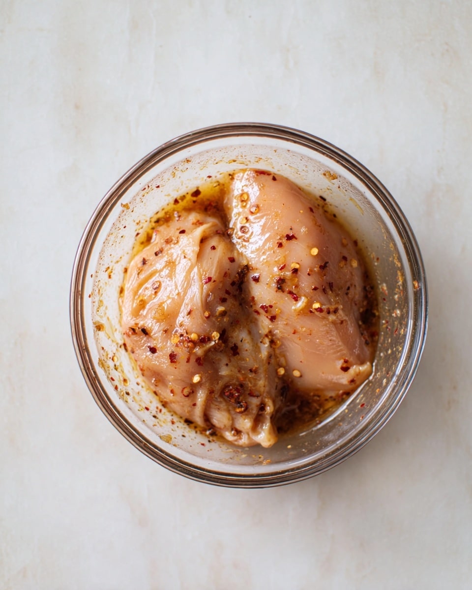 Two raw chicken pieces marinated in a glass bowl, covered with a light brown sauce that has visible specks of red chili flakes and black pepper, giving a slightly textured look. The chicken pieces are smooth with a slight shine from the marinade. The bowl is placed on a white marbled surface, and the photo is taken from above. photo taken with an iphone --ar 4:5 --v 7