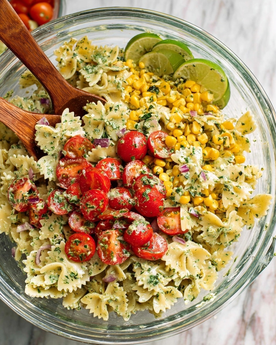This image shows a clear glass bowl filled with a colorful pasta salad consisting of three main layers: a base layer of pale yellow bowtie pasta, a middle layer of bright red cherry tomatoes, some whole and some sliced, and a layer of small yellow corn kernels scattered throughout. The pasta and vegetables are all mixed and lightly coated with a green herb dressing that looks slightly creamy. Small pieces of red onion and green herbs are also mixed in, adding more color and texture. Two wooden spoons are partially visible, one with a woman's hand holding it, stirring the salad. The bowl is placed on a white marbled surface with lime wedges arranged at the back inside the bowl. Photo taken with an iphone --ar 4:5 --v 7