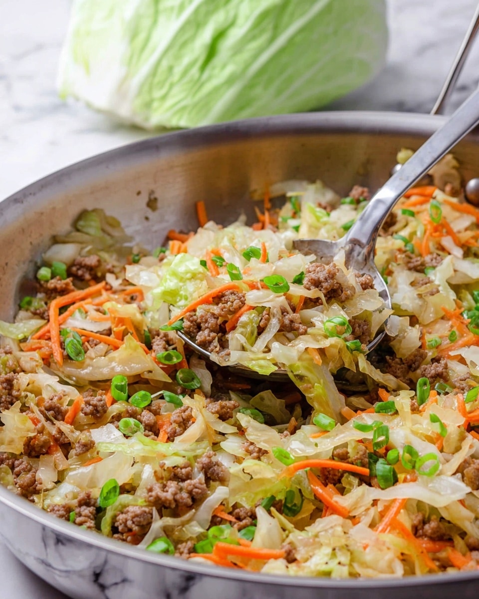 A close-up of a stainless steel pan filled with a mix of shredded pale green cabbage, small browned minced meat pieces, thin bright orange carrot strips, and small green chopped scallions scattered on top. A large metal spoon is scooping some of the mix, showing the textures of soft cooked cabbage, tender meat, and crunchy carrots. In the background, part of a whole cabbage head can be seen on a white marbled surface. photo taken with an iphone --ar 4:5 --v 7