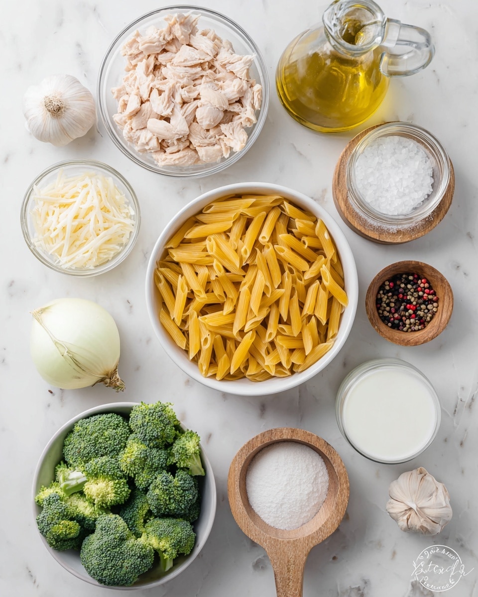 The image shows several clear and white bowls arranged on a white marbled surface. One large white bowl in the center is filled with uncooked yellow penne pasta. Above it to the left is a clear bowl with chopped cooked chicken pieces, and above that is another clear bowl containing grated white cheese. To the right, there is a wooden salt container with large white salt crystals and a small wooden scoop inside, next to a wooden pepper container holding multicolored whole peppercorns with a similar scoop. A glass bottle of golden olive oil with a clear stopper is placed near the top right. Below the pasta bowl, a white bowl is filled with small green broccoli florets. Nearby, there is a small clear bowl with white flour, a glass jar of white milk, and a halved onion showing white rings with a light yellow outer layer. A whole garlic bulb rests near the olive oil bottle, completing the arrangement. photo taken with an iphone --ar 4:5 --v 7