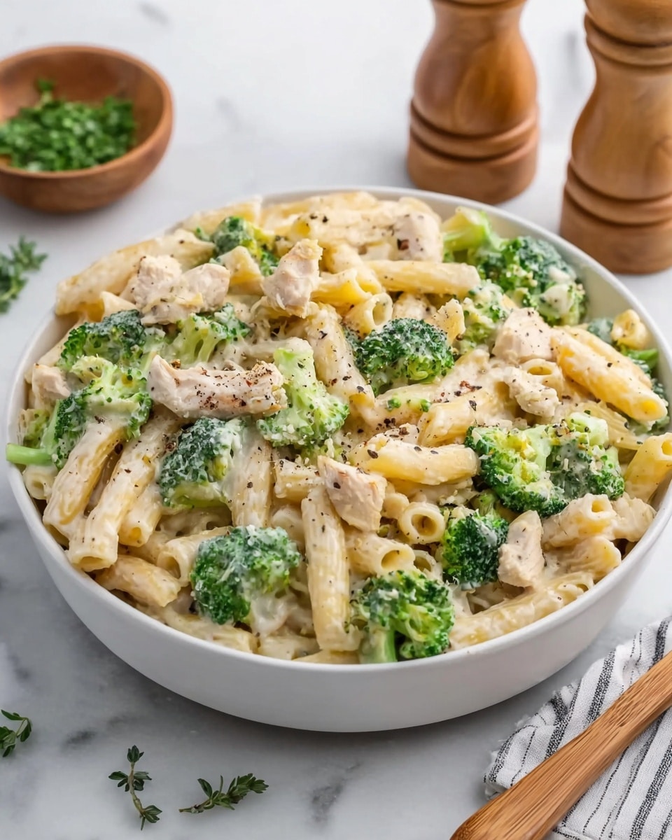 A white bowl filled with creamy pasta made of short, tube-shaped noodles mixed evenly with bright green broccoli florets and small chunks of light-colored chicken. The dish is sprinkled with black pepper and looks soft and creamy. The bowl is placed on a white marbled surface with some green herbs in a small bowl on the left and wooden salt and pepper grinders in the background. photo taken with an iphone --ar 4:5 --v 7