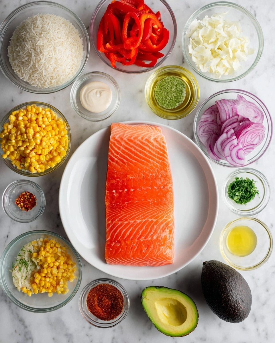 A thick raw salmon fillet with paler lines laid flat on a white round plate is surrounded by small clear glass bowls holding various ingredients: near the top left is cooked white rice, bright yellow corn kernels, dark red thinly sliced red onion, and vivid red sliced bell peppers; near the top right, bowls contain white creamy sauces, a bright red sauce, and minced garlic; smaller bowls hold green chopped herbs, a reddish spice powder, crushed red pepper flakes, olive oil, honey, a light yellow liquid, lime zest, and salt. A whole dark green avocado rests at the bottom right, all placed on a white marbled surface. photo taken with an iphone --ar 4:5 --v 7