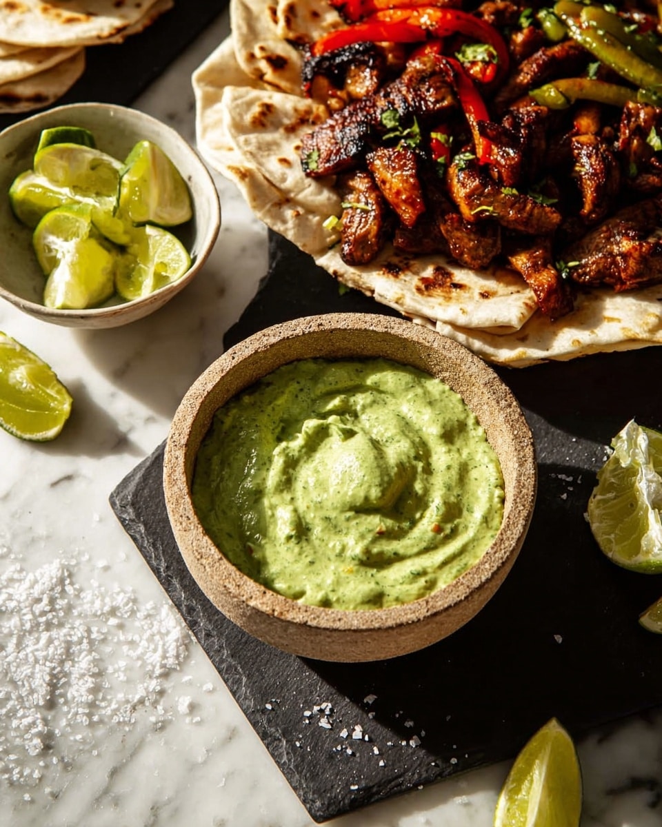 A light tan stone bowl filled with thick, green creamy sauce with some herbs visible on top is at the front center. Behind the bowl, there is a white plate holding layers of dark brown grilled meat pieces and mixed grilled red and green pepper strips, with folded flatbreads on two sides of the plate. Scattered lime wedges surround this plate and a smaller white bowl filled with lime wedges is in the upper left. The scene sits on a white marbled surface with some grains of salt around. Photo taken with an iphone --ar 4:5 --v 7