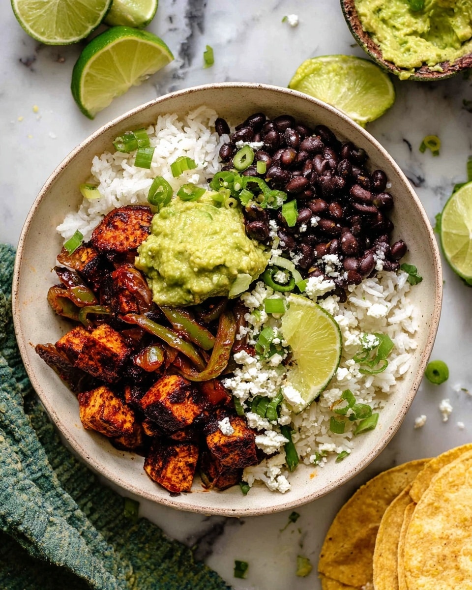 A white bowl filled with layers starting with fluffy white rice at the bottom. On top, there are cooked dark brown and reddish pieces of seasoned tofu mixed with light brown cooked onions and dark green peppers, placed mainly on one half of the bowl. Black beans sit beside the tofu, with a smooth bright green dollop of guacamole near the edge. Fresh bright green sliced scallions and small crumbled white cheese are scattered over the tofu and rice. Two lime wedges, one placed on the rice and the other near the edge, add a fresh touch. The bowl is set on a white marbled surface with lime wedges and a stack of tortillas nearby. Photo taken with an iphone --ar 4:5 --v 7