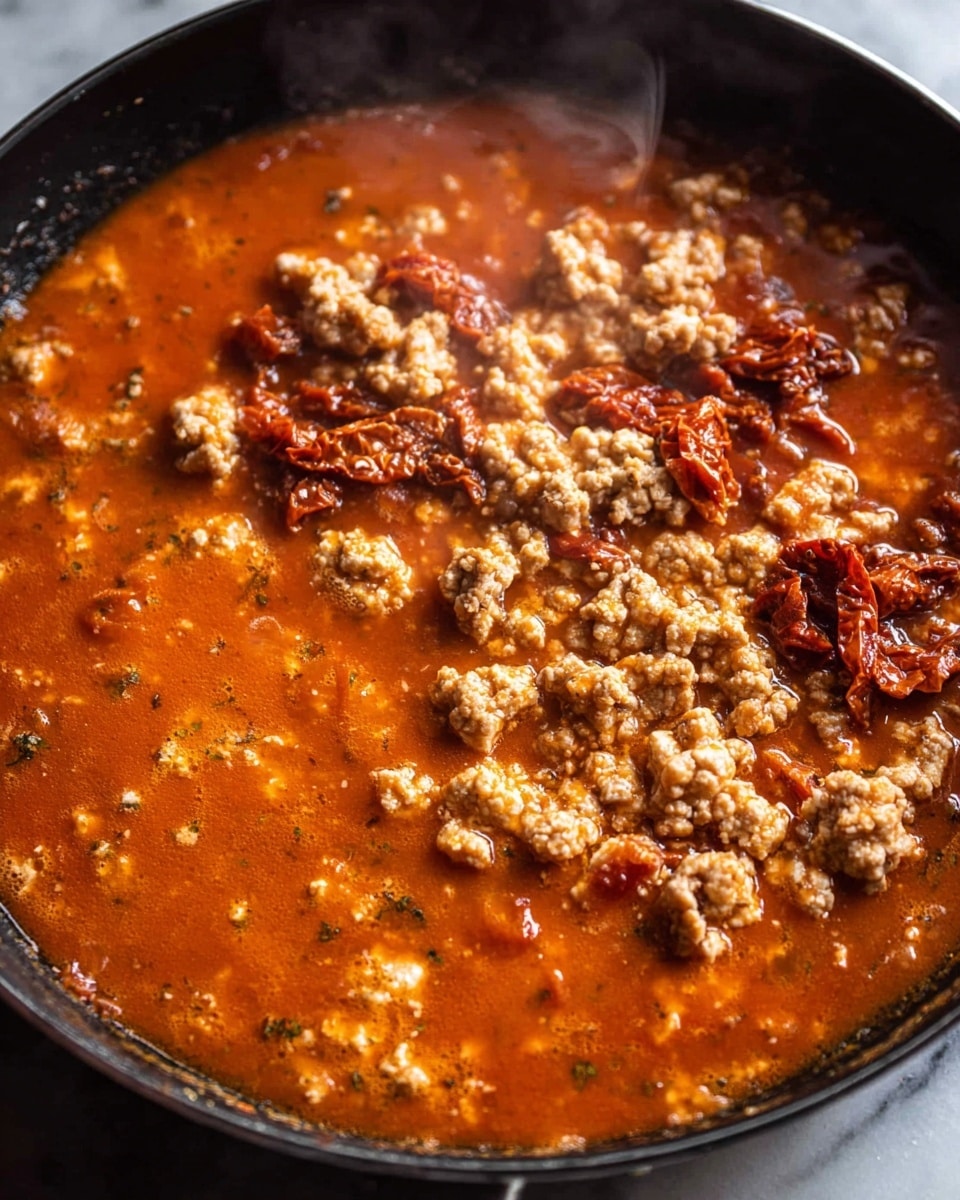 The image shows a close-up of a pan filled with bright orange-red tomato sauce, steaming hot. There are many pieces of white, soft cooked ground meat scattered evenly on top, contrasting with the rich sauce. Dark red chunks of sun-dried tomatoes with seeds are mixed into the sauce, adding texture and color variation. The sauce looks thick with small bits of herbs and spices visible in it. Steam rises gently from the pan, making the dish look fresh and hot. The edges of the black pan frame the food, all placed on a white marbled surface photo taken with an iphone --ar 4:5 --v 7
