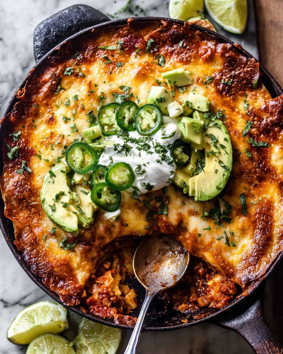 A black cast iron pan filled with a three-layer dish starting at the bottom with a red sauce layer, followed by a layer of melted golden and brown cheese covering a textured filling, topped with fresh green avocado slices, diced light yellow pineapple, chopped green jalapeños, small dollops of white sour cream, and sprinkled with chopped green herbs. The edges have crispy, darker browned cheese, and a silver spoon is placed inside the pan. The pan is on a white marbled surface with halved limes nearby. Photo taken with an iphone --ar 4:5 --v 7